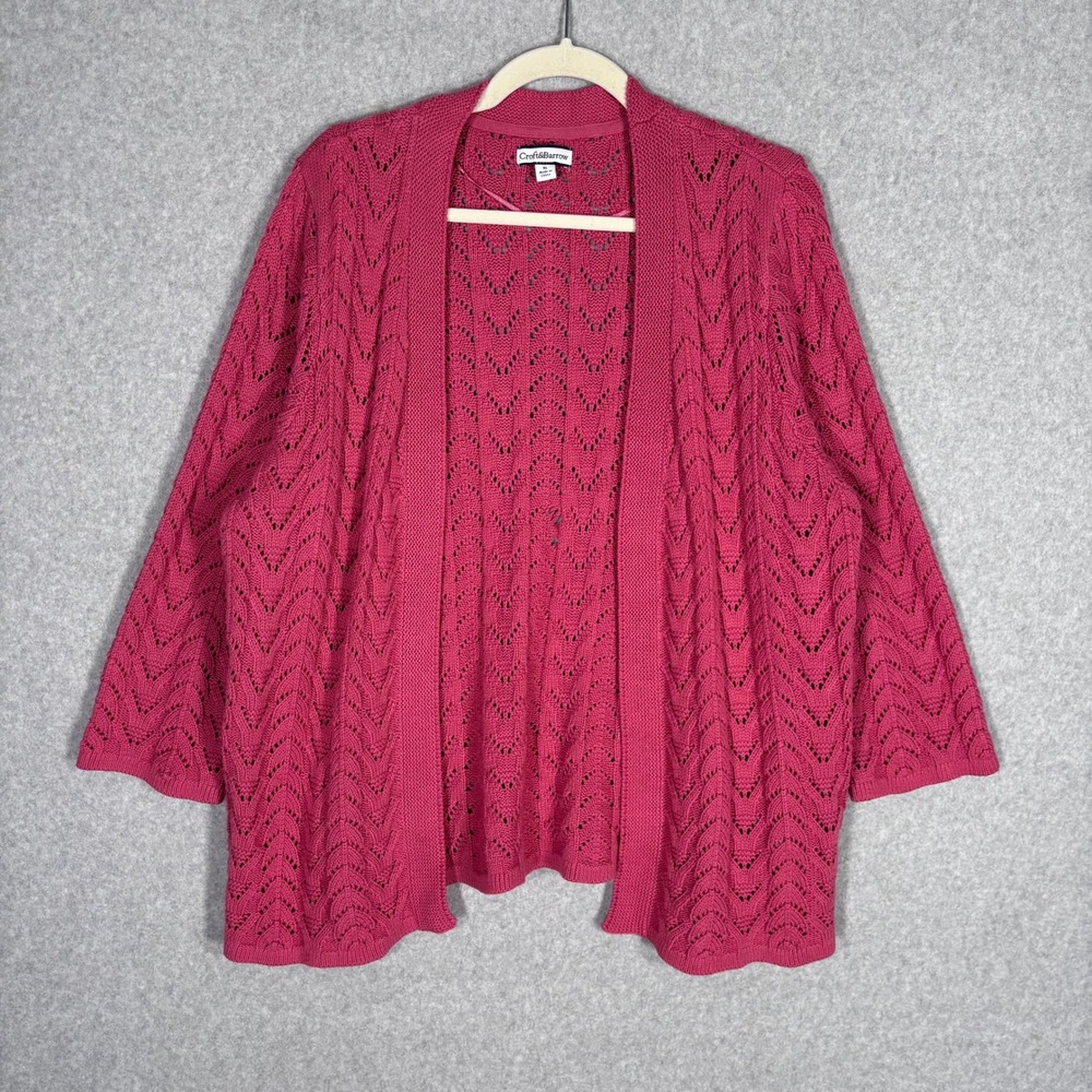 Croft Barrow Crochet Open Knit Cardigan Sweater XL Pink Pointelle 90s Grandma